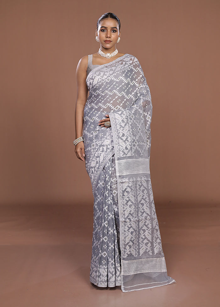 Grey Jamdani Cotton Saree Without Blouse Piece