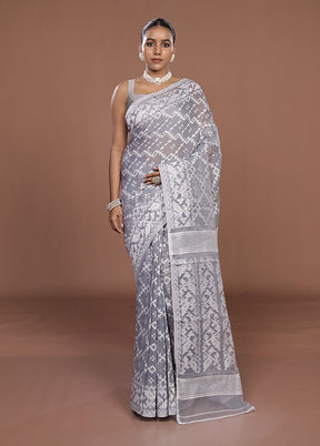 Grey Jamdani Cotton Saree Without Blouse Piece