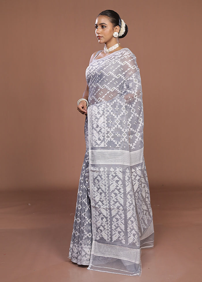 Grey Jamdani Cotton Saree Without Blouse Piece