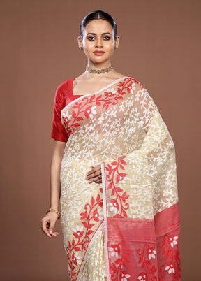 Red Jamdani Cotton Saree Without Blouse Piece