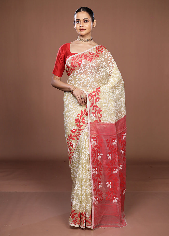 Red Jamdani Cotton Saree Without Blouse Piece