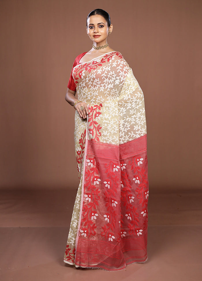Red Jamdani Cotton Saree Without Blouse Piece