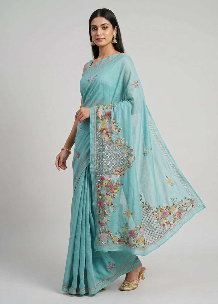 Blue Tussar Silk Saree With Blouse Piece