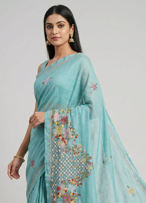 Blue Tussar Silk Saree With Blouse Piece