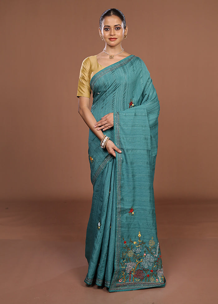 Green Tussar Silk Saree With Blouse Piece