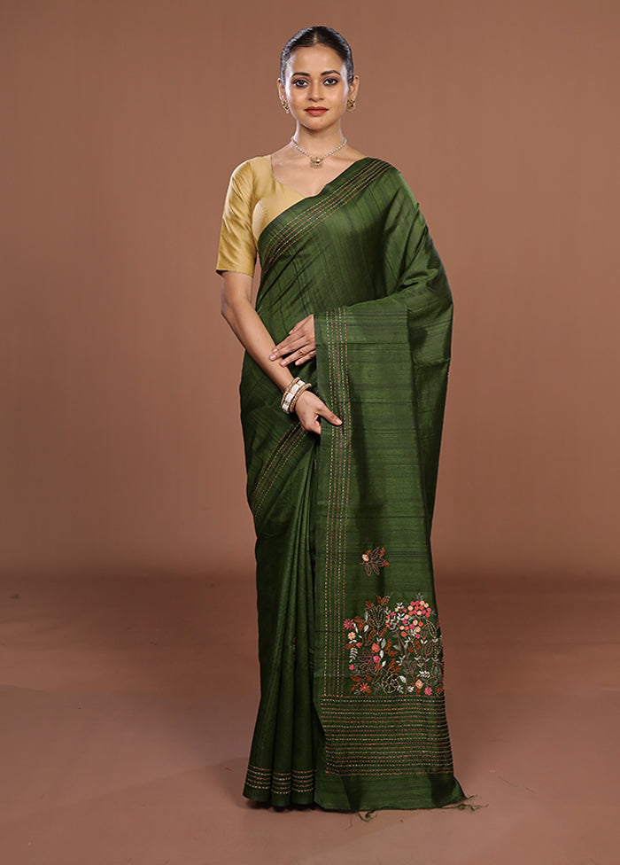 Green Tussar Silk Saree With Blouse Piece