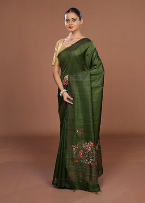 Green Tussar Silk Saree With Blouse Piece