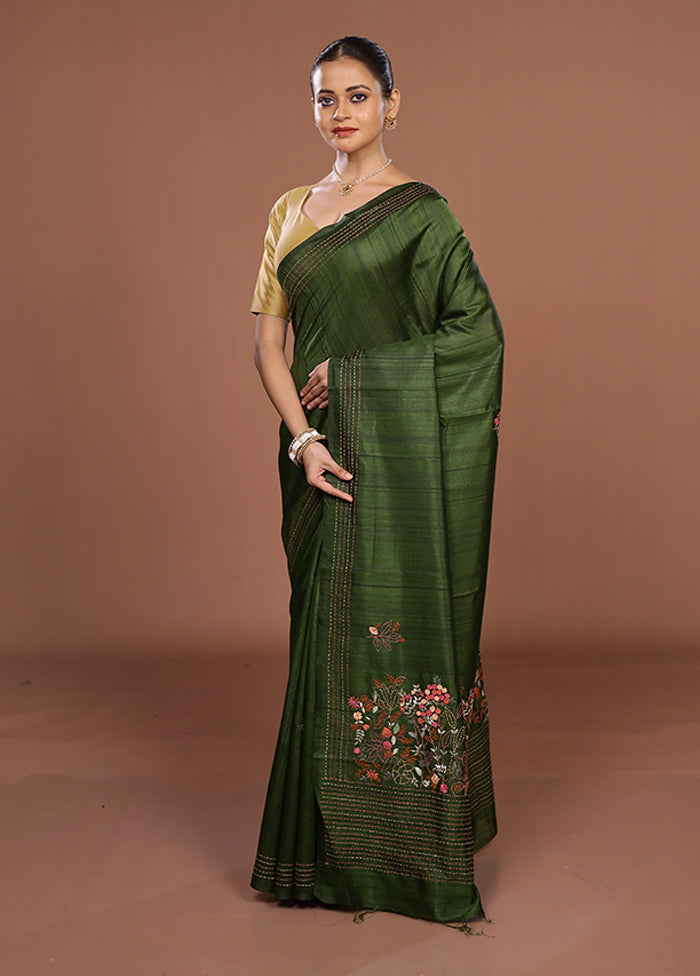 Green Tussar Silk Saree With Blouse Piece
