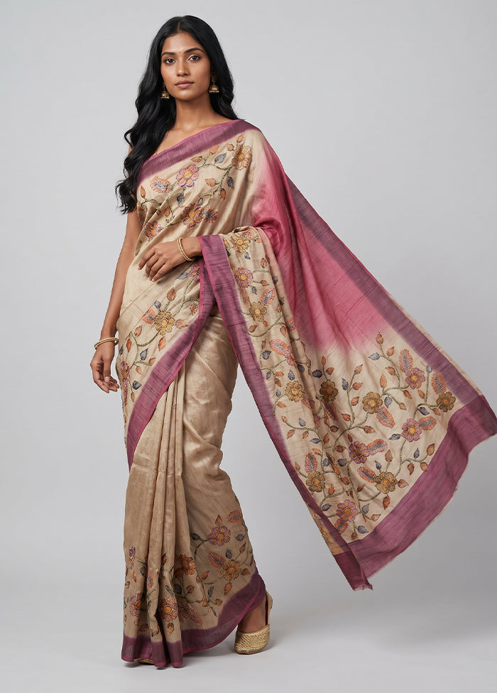 Cream Tussar Silk Saree With Blouse Piece