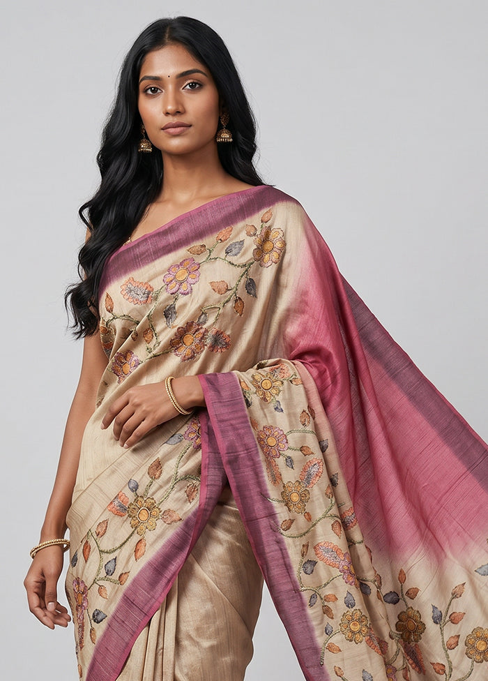 Cream Tussar Silk Saree With Blouse Piece