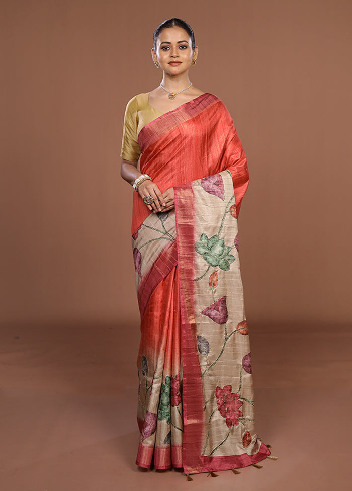 Cream Tussar Silk Saree With Blouse Piece