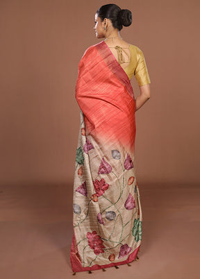 Cream Tussar Silk Saree With Blouse Piece