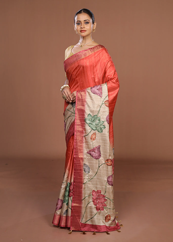 Cream Tussar Silk Saree With Blouse Piece