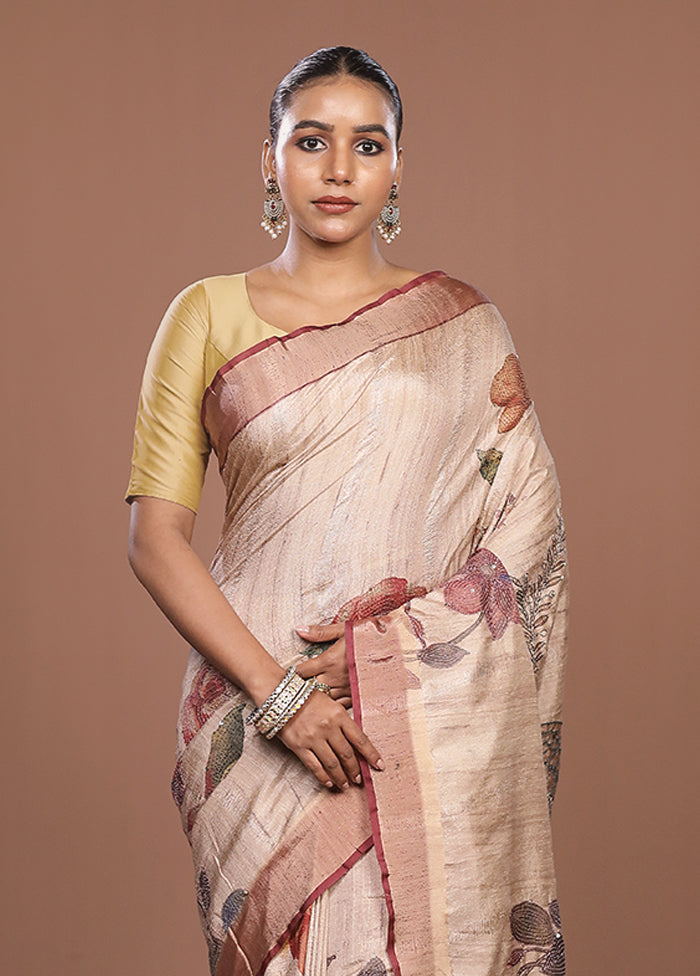Cream Tussar Silk Saree With Blouse Piece