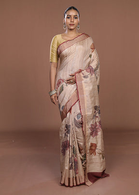 Cream Tussar Silk Saree With Blouse Piece