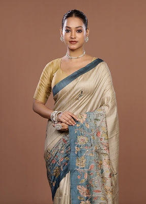 Cream Tussar Silk Saree With Blouse Piece