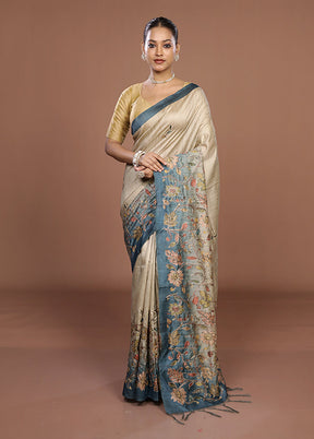 Cream Tussar Silk Saree With Blouse Piece