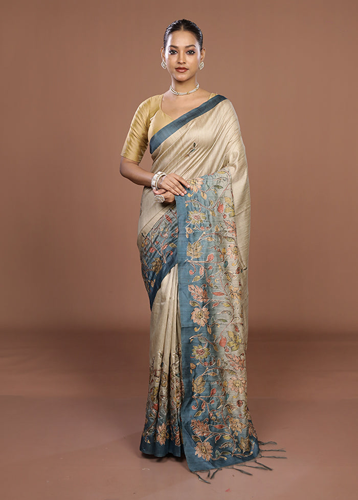 Cream Tussar Silk Saree With Blouse Piece