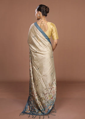 Cream Tussar Silk Saree With Blouse Piece
