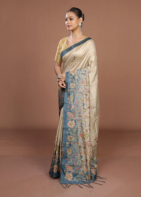 Cream Tussar Silk Saree With Blouse Piece