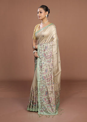 Cream Tussar Silk Saree With Blouse Piece