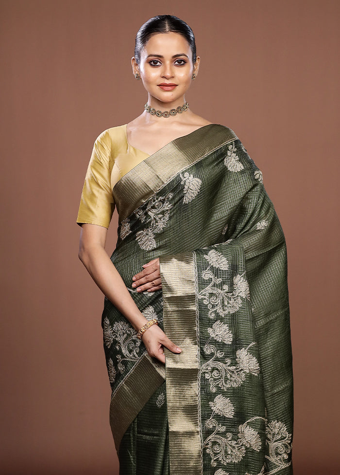 Green Tussar Silk Saree With Blouse Piece