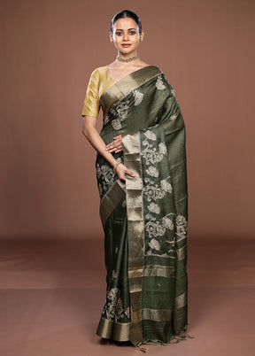 Green Tussar Silk Saree With Blouse Piece