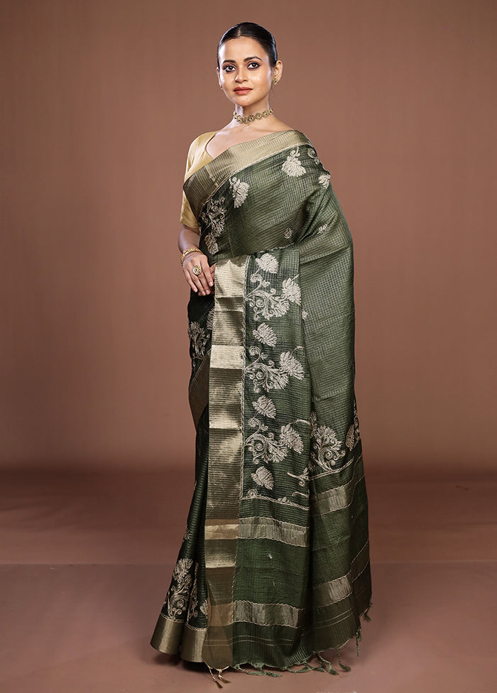 Green Tussar Silk Saree With Blouse Piece
