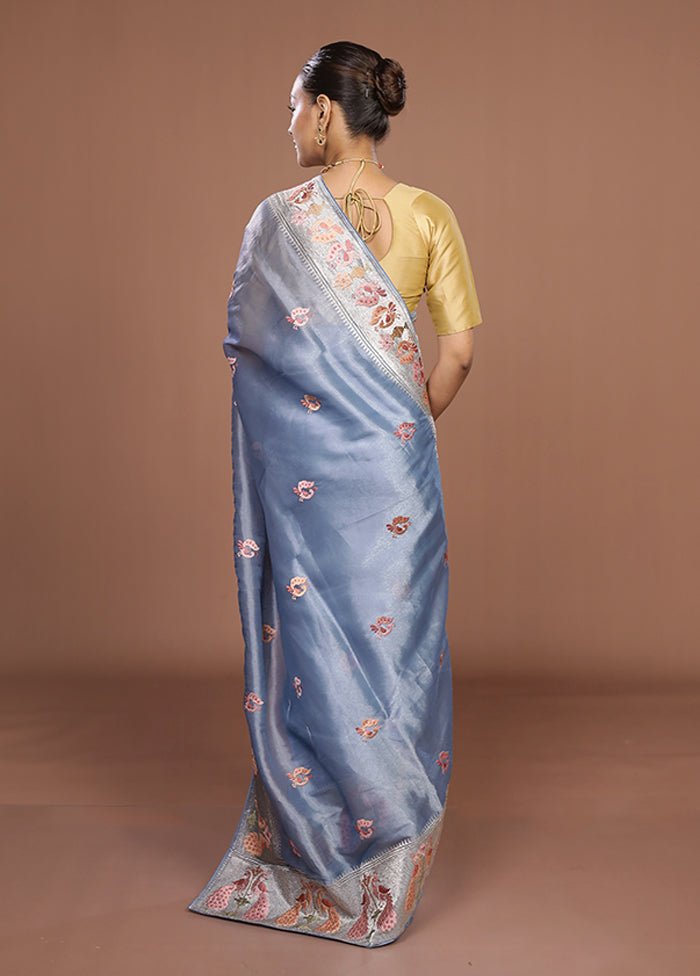 Blue Organza Saree With Blouse Piece