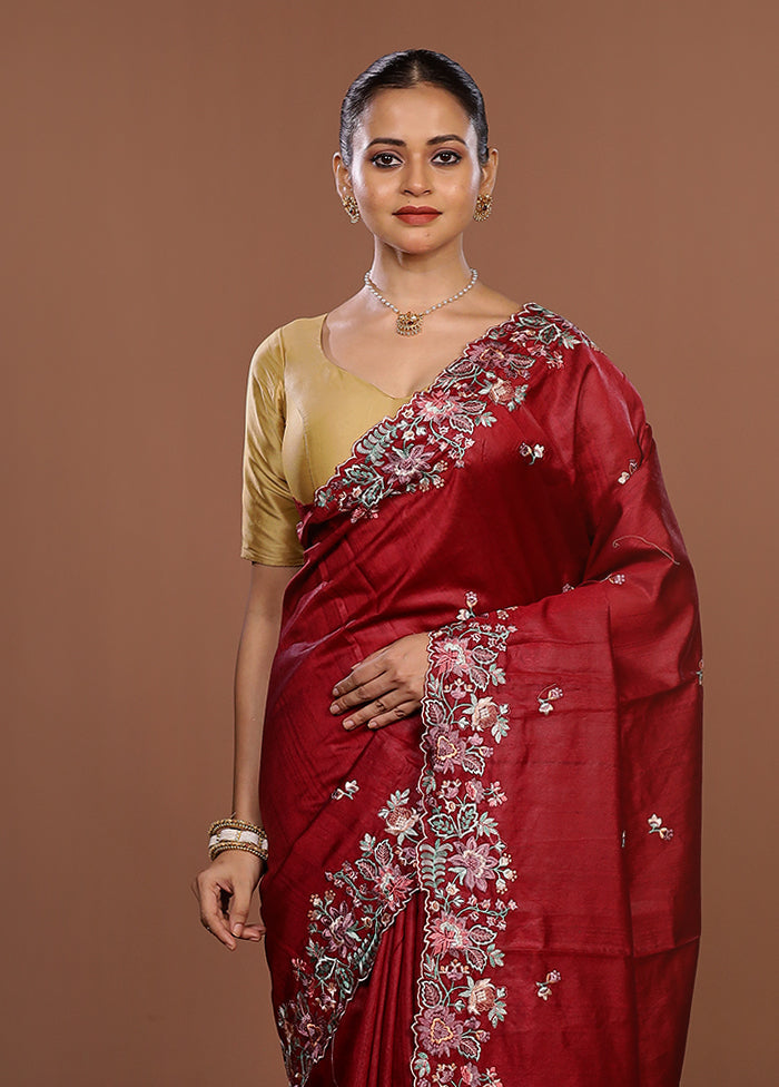 Maroon Tussar Silk Saree With Blouse Piece