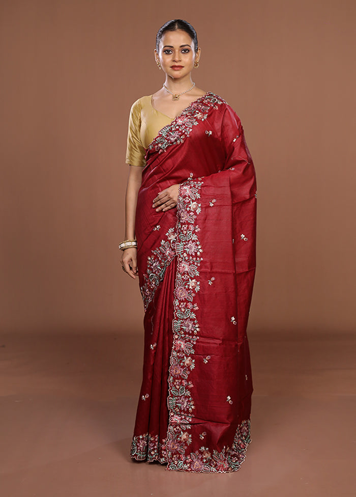 Maroon Tussar Silk Saree With Blouse Piece