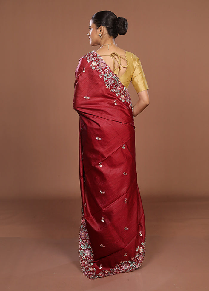 Maroon Tussar Silk Saree With Blouse Piece
