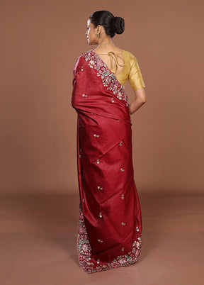Maroon Tussar Silk Saree With Blouse Piece