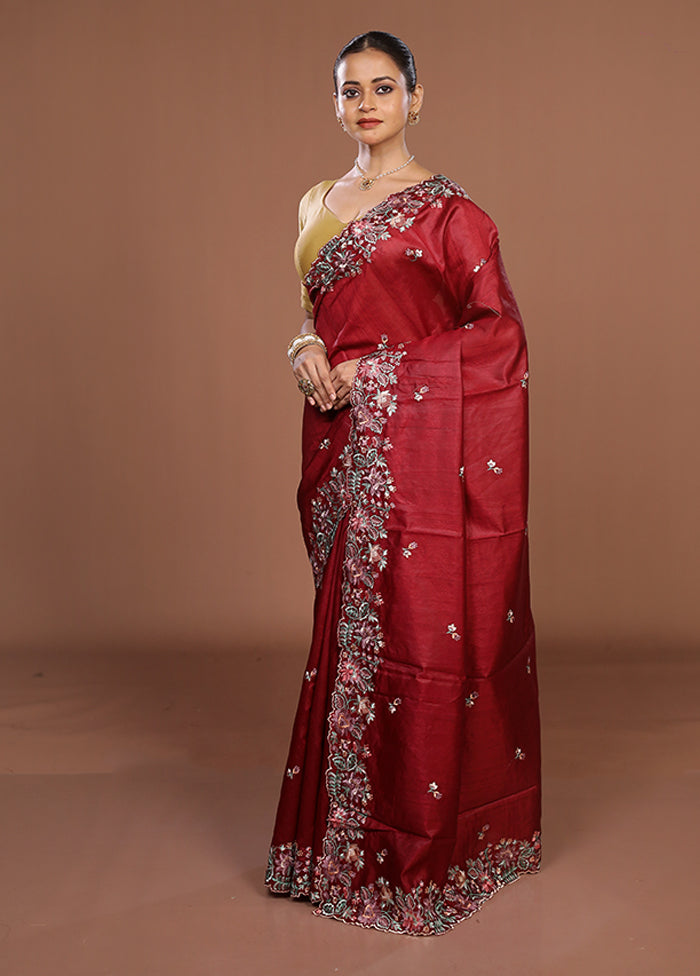 Maroon Tussar Silk Saree With Blouse Piece