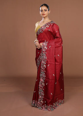 Maroon Tussar Silk Saree With Blouse Piece