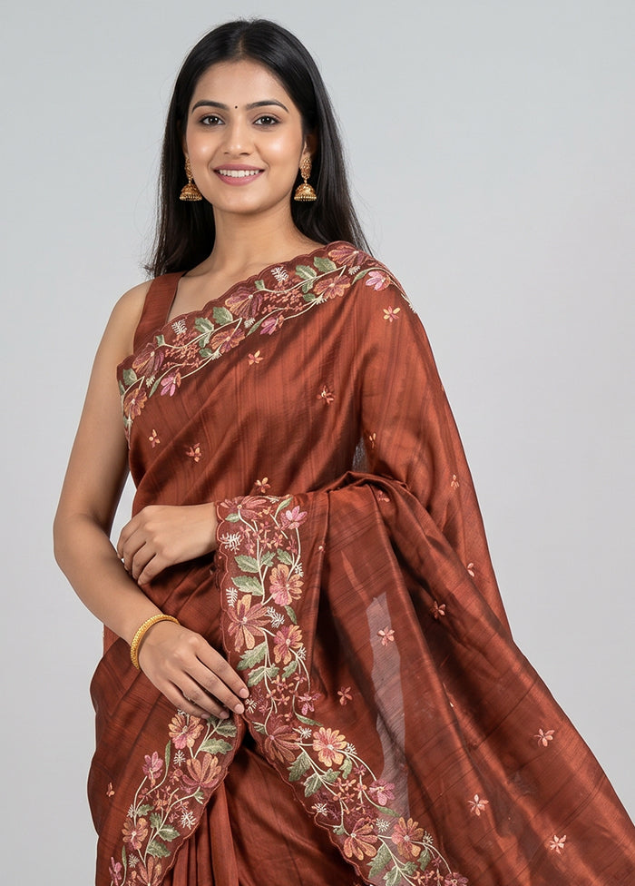 Brown Tussar Silk Saree With Blouse Piece