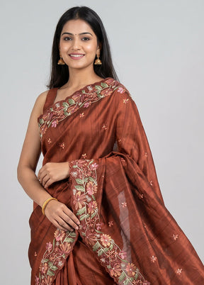 Brown Tussar Silk Saree With Blouse Piece