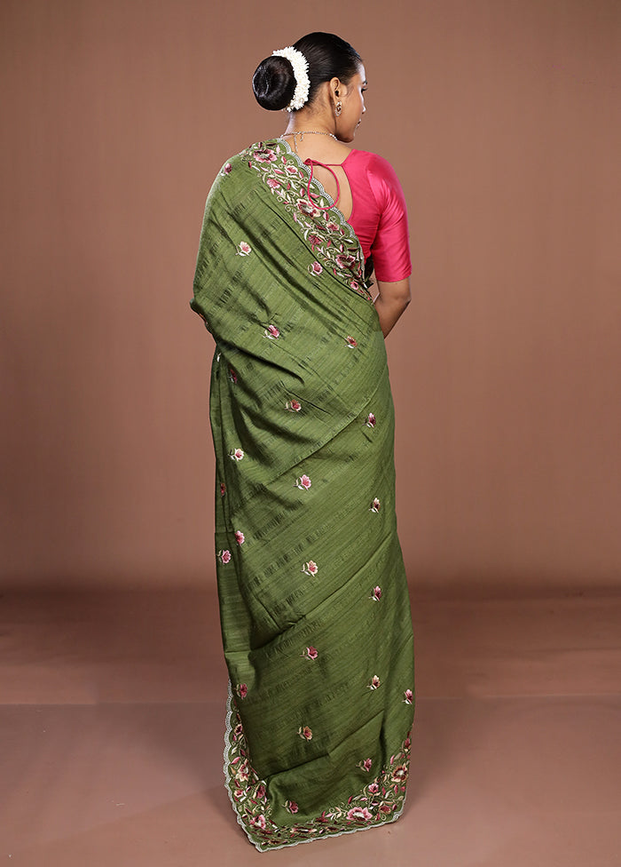 Green Tussar Silk Saree With Blouse Piece