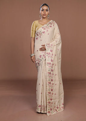 Cream Tussar Silk Saree With Blouse Piece