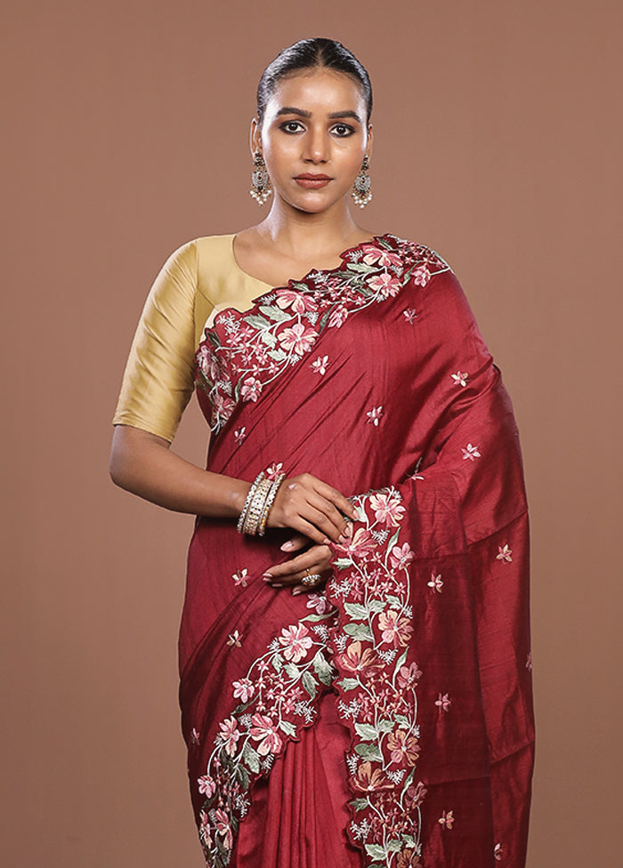 Maroon Tussar Silk Saree With Blouse Piece