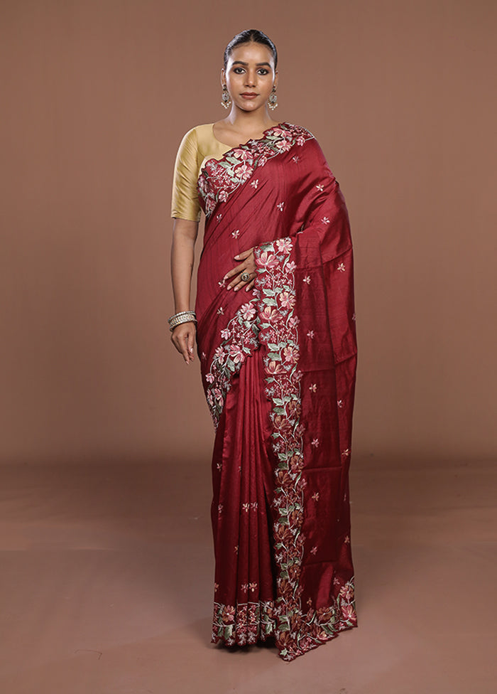Maroon Tussar Silk Saree With Blouse Piece