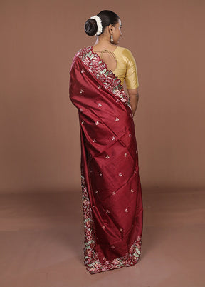 Maroon Tussar Silk Saree With Blouse Piece