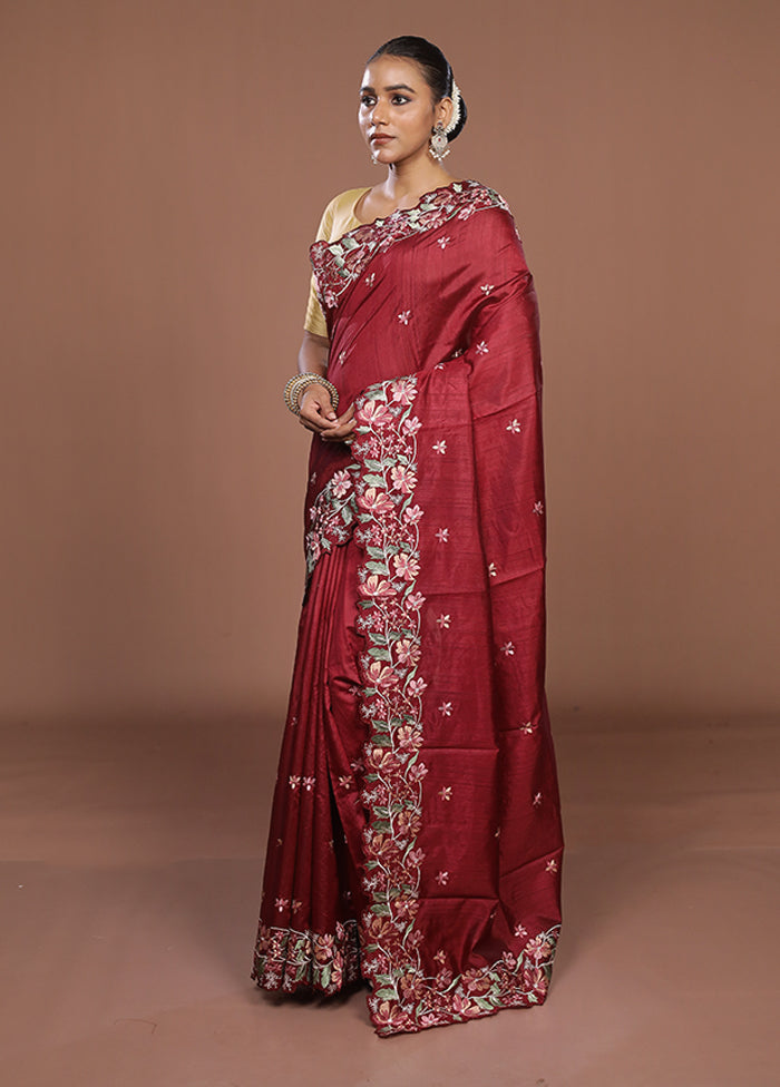 Maroon Tussar Silk Saree With Blouse Piece