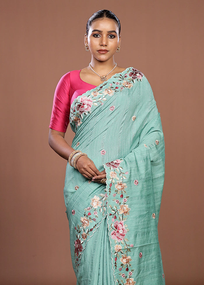 Green Tussar Silk Saree With Blouse Piece