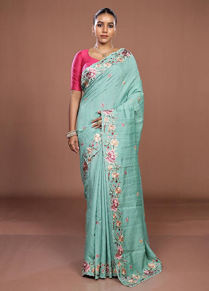 Green Tussar Silk Saree With Blouse Piece