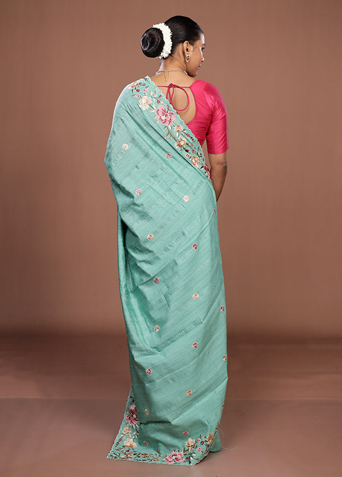 Green Tussar Silk Saree With Blouse Piece