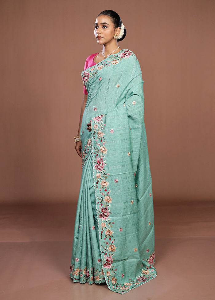 Green Tussar Silk Saree With Blouse Piece