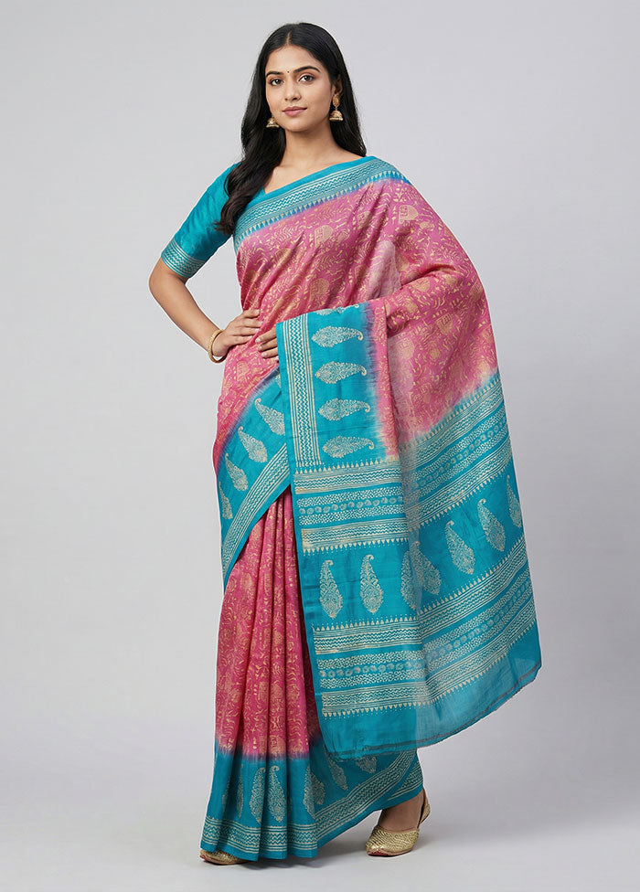 Pink Printed Silk Saree Without Blouse Piece