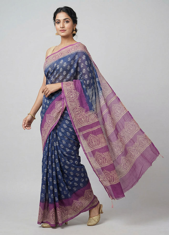 Blue Printed Silk Saree Without Blouse Piece