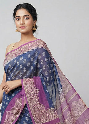Blue Printed Silk Saree Without Blouse Piece